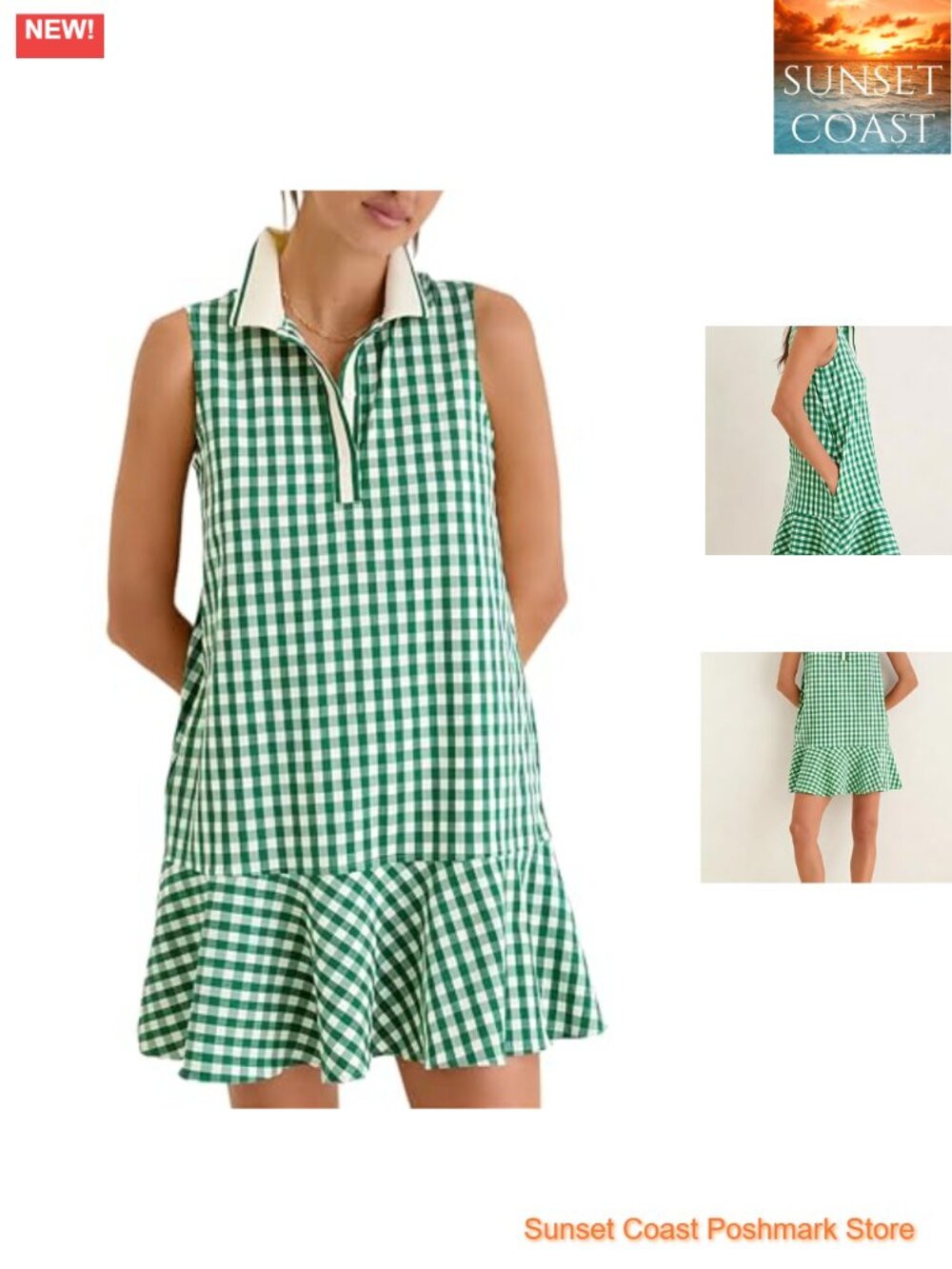 Women's Gingham Polo Dress Sleeveless V Neck Ruffle Hem Mini Tennis Dress